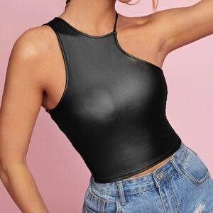 Solid Asymmetrical Neck PU Leather Top 🖤BLACK🖤